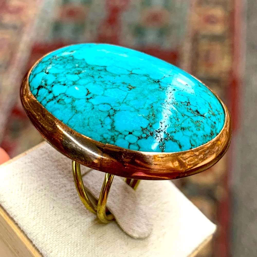 Turquoise ring genuine gem Handmade copper and brass Adjustable sizes
